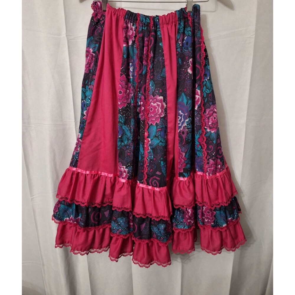 Vintage Handmade Cottagecore Lace Trim Prairie Skirt M/L Tiered Floral Boho USA